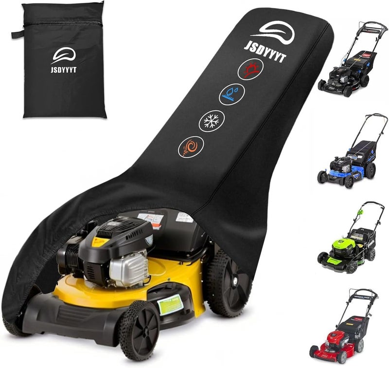 JSDYYYT غطاء جزازة العشب 420D متوافق مع Greenworks و EGO و Craftsman و Husqvarna و Honda والمزيد، مقاوم للماء، يناسب جميع المقاسات مع حبل سحب وحقيبة تخزين للغطاء - Image 1
